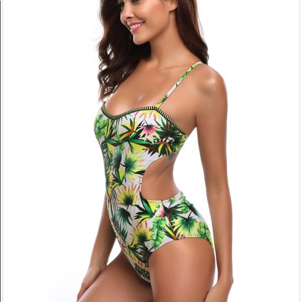 Gorgeous Palm Print One Piece Swimsuit Cutouts